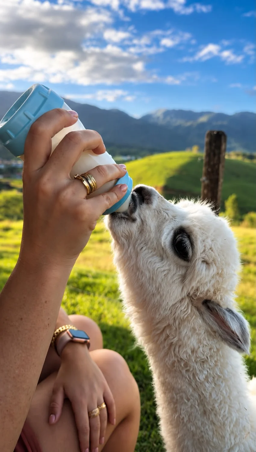 Alpaca recebendo mamadeira em meio às colinas