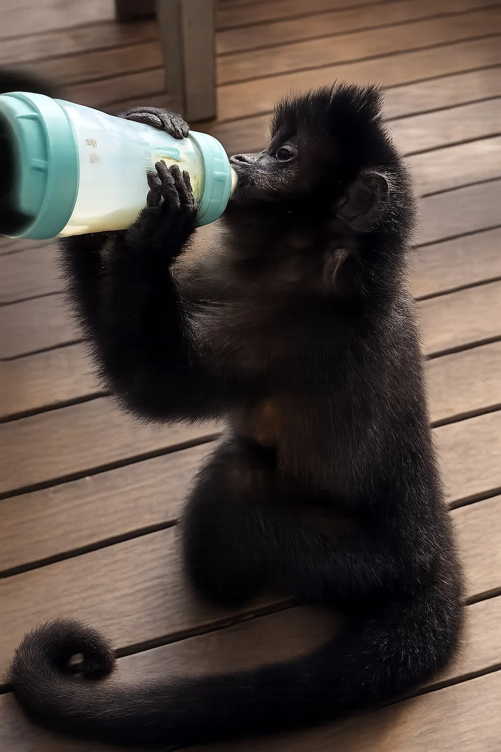 Macaco tomando mamadeira